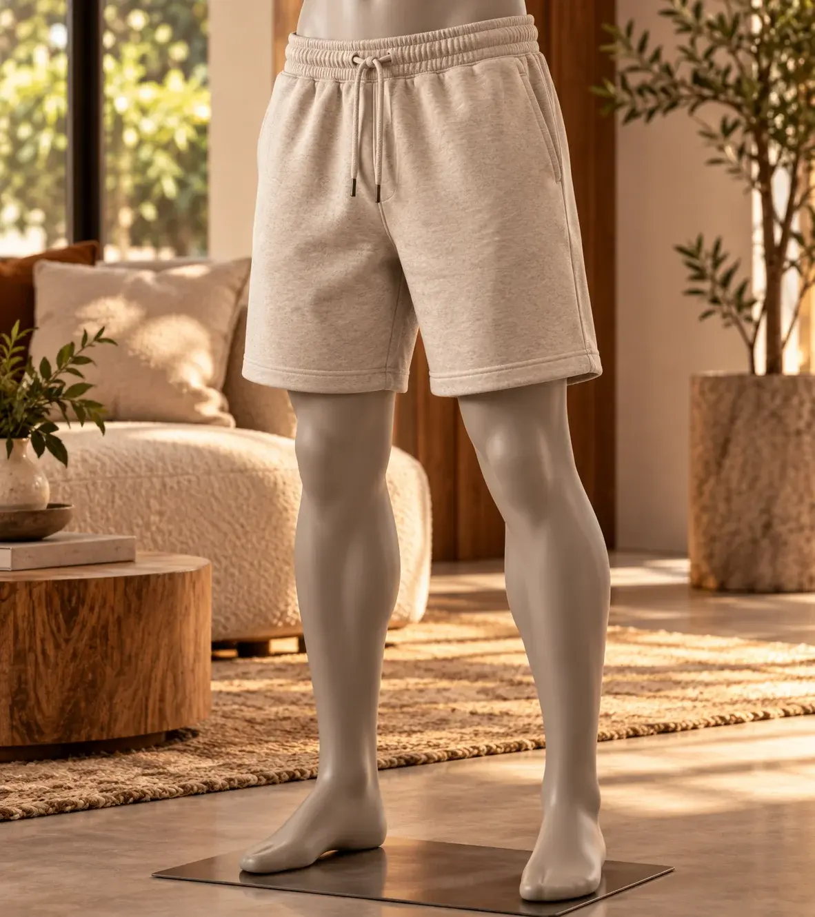 Beige custom fleece sweat shorts displayed on a gray mannequin, featuring soft heathered fabric, a relaxed fit, elastic drawstring waistband, side pockets, and neatly stitched hems in a cozy indoor setting.